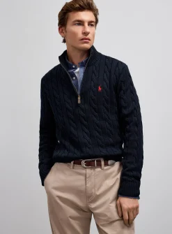 Twisted-cable zipped-collar sweater