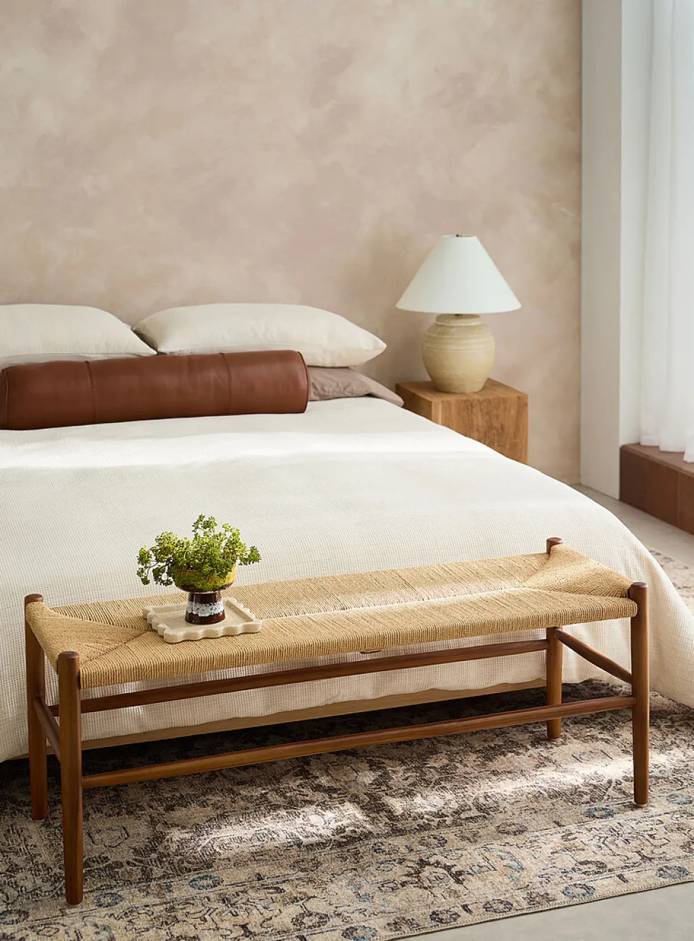Ubud woven seat teak wood long bench