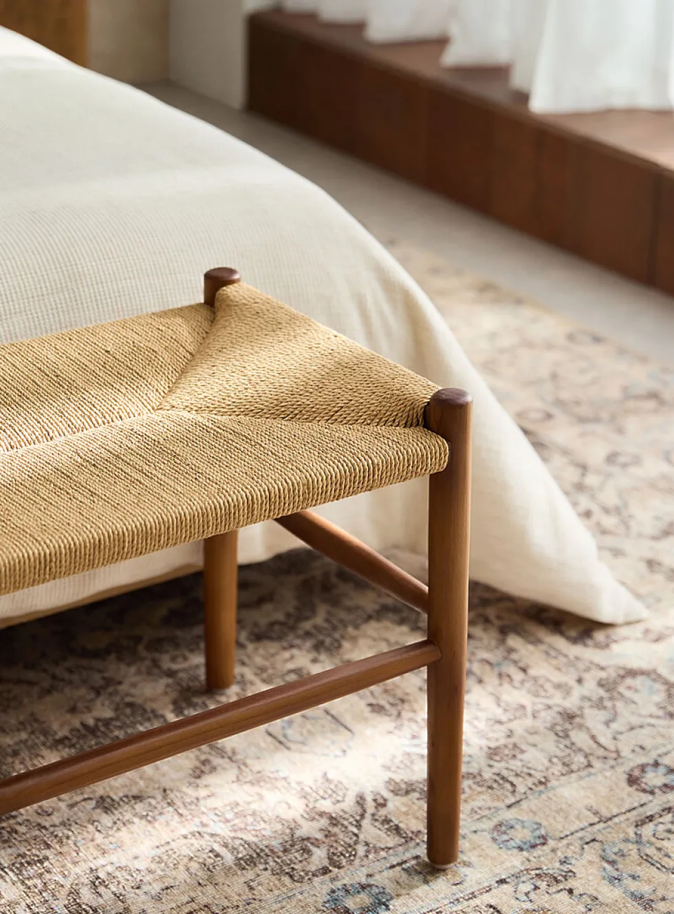 Ubud woven seat teak wood long bench
