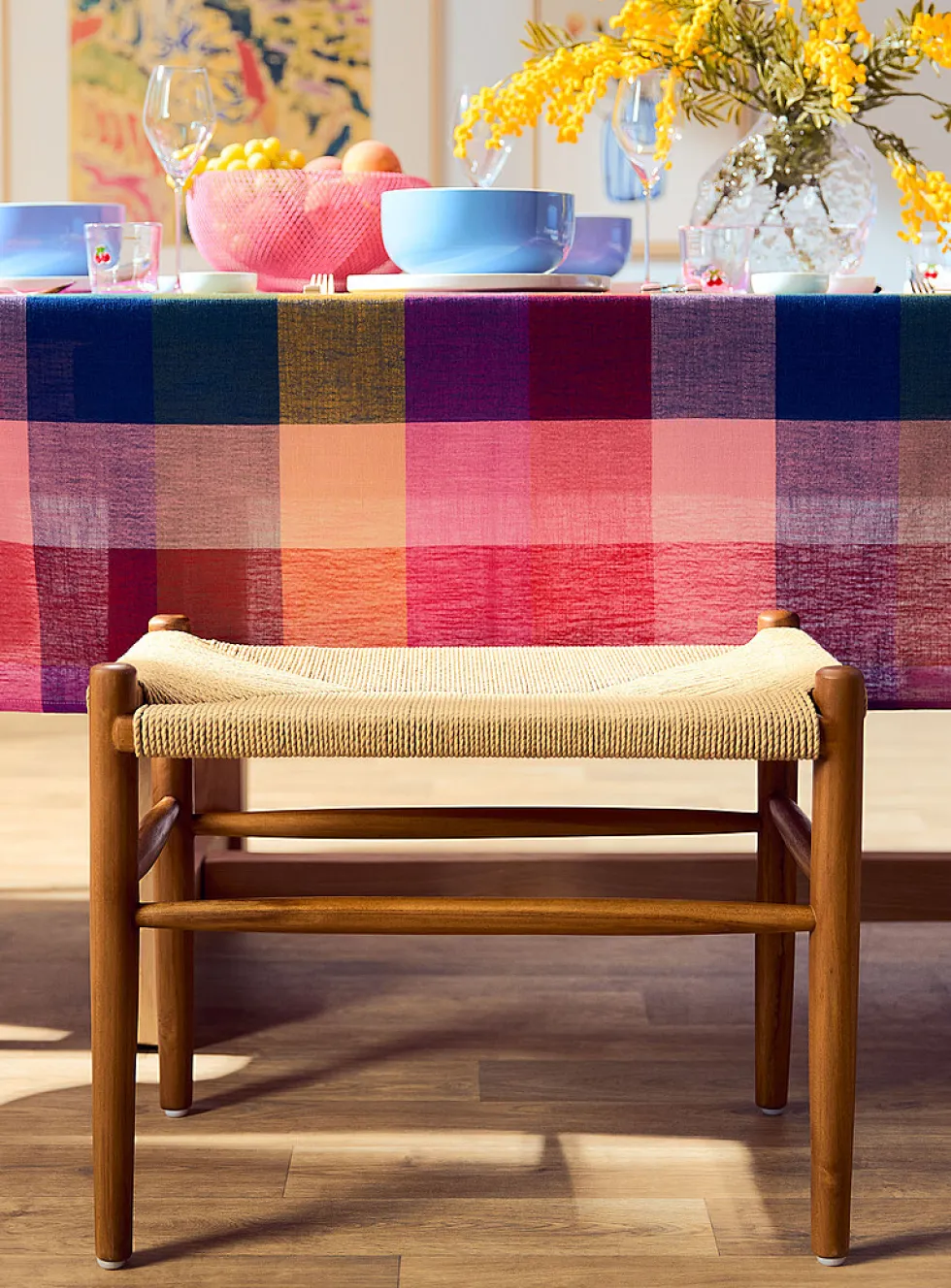 Ubud woven seat teak wood bench