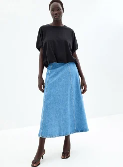 Vertical cutouts denim midi skirt
