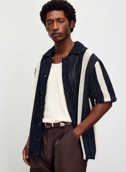 Vertical stripe openwork knit shirt