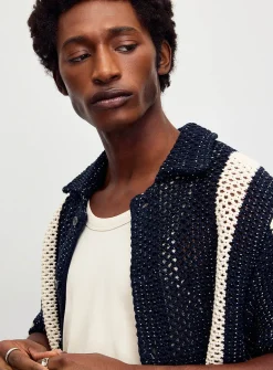 Vertical stripe openwork knit shirt
