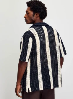 Vertical stripe openwork knit shirt