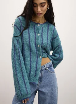 Vertical stripe wool-blend cardigan
