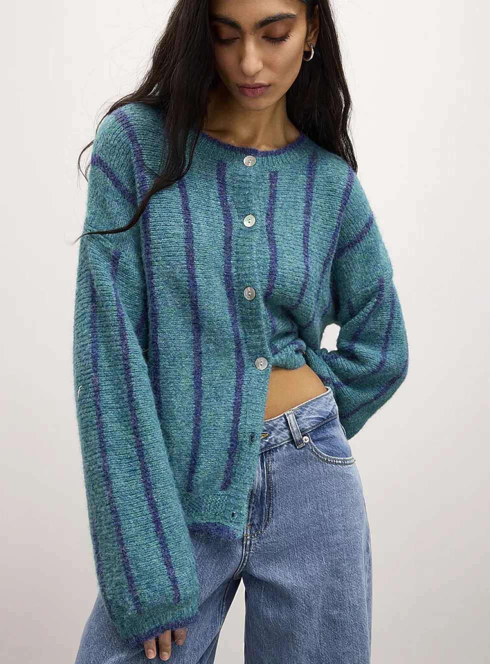 Vertical stripe wool-blend cardigan