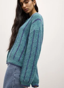 Vertical stripe wool-blend cardigan