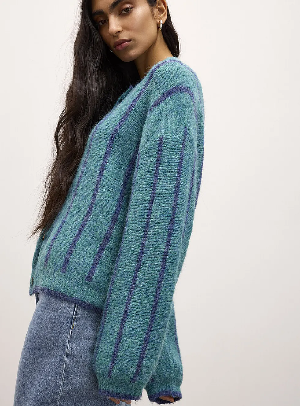 Vertical stripe wool-blend cardigan