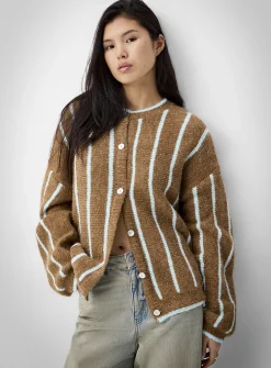 Vertical stripe wool-blend cardigan