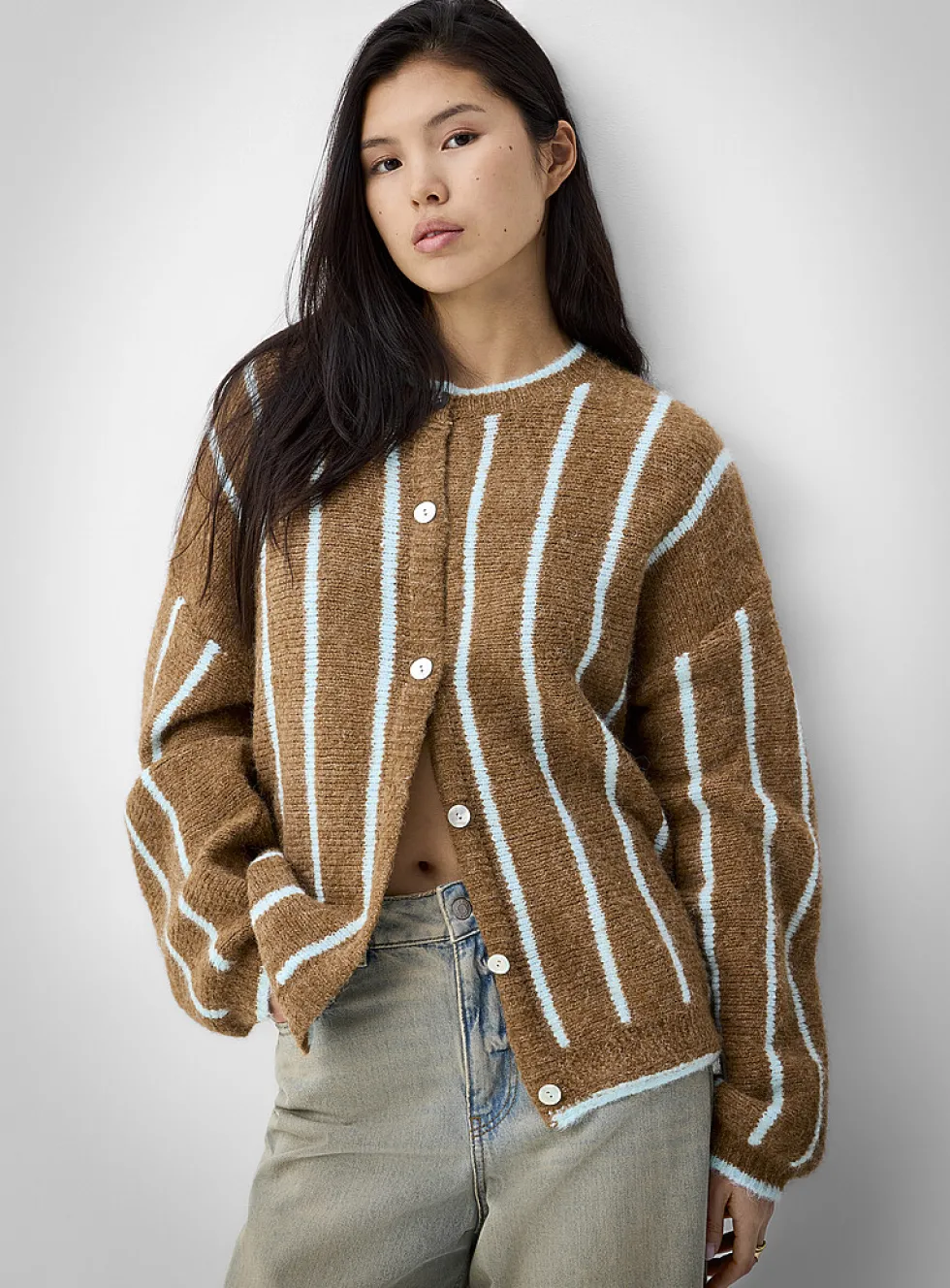 Vertical stripe wool-blend cardigan