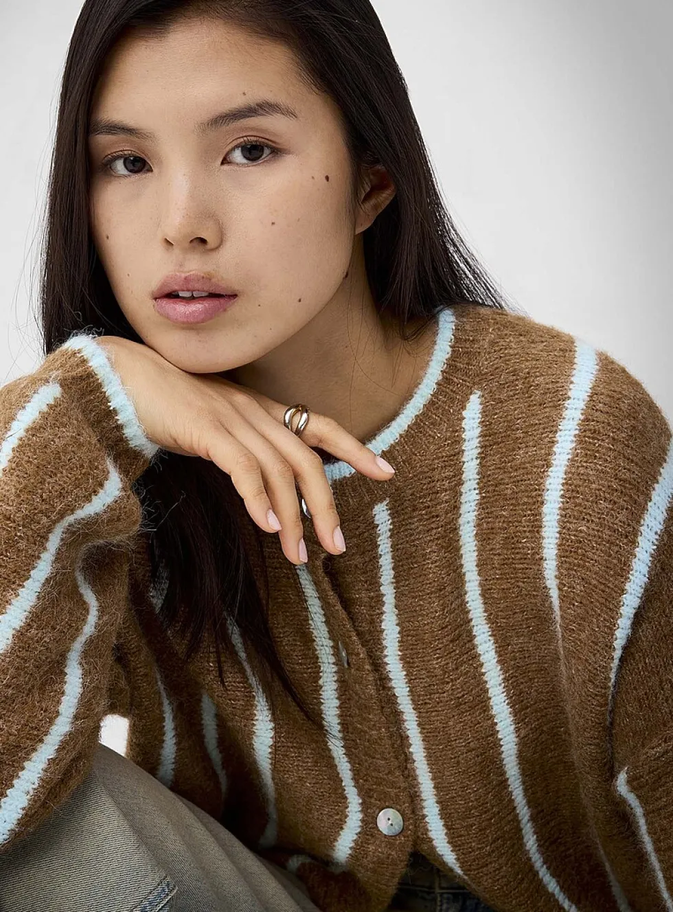 Vertical stripe wool-blend cardigan