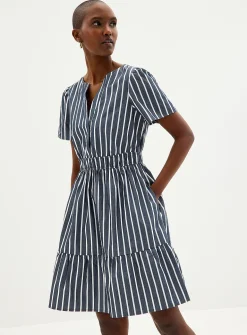 Vertical stripes tiered poplin dress