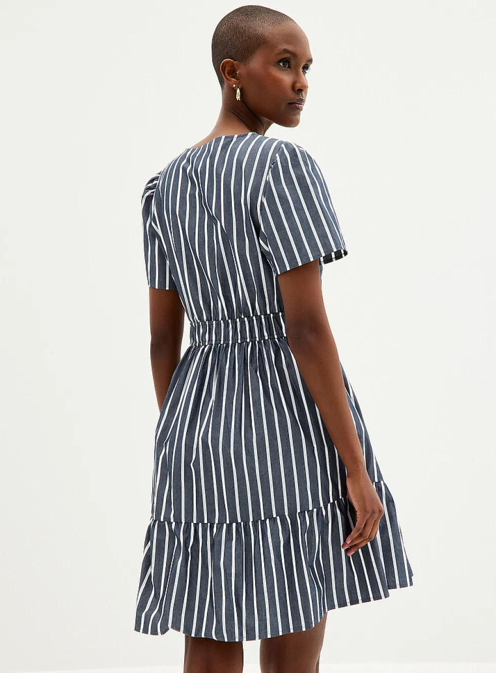 Vertical stripes tiered poplin dress