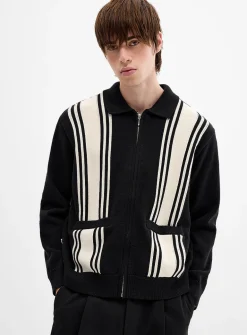 Vertical-stripe zip-up polo-collar cardigan