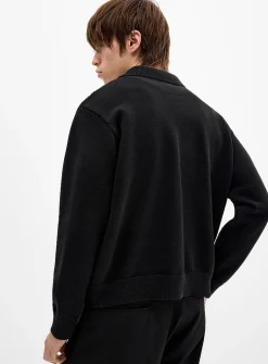 Vertical-stripe zip-up polo-collar cardigan