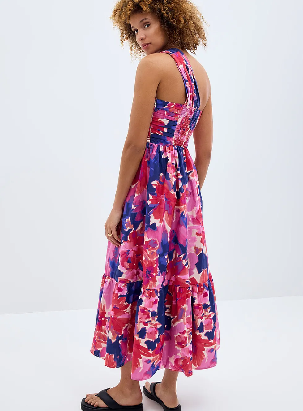 Vibrant floral one-shoulder dress