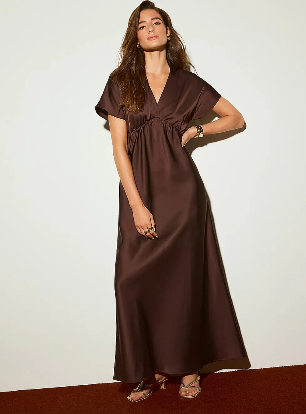 V-neck double-face satin maxi dress
