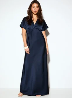V-neck double-face satin maxi dress