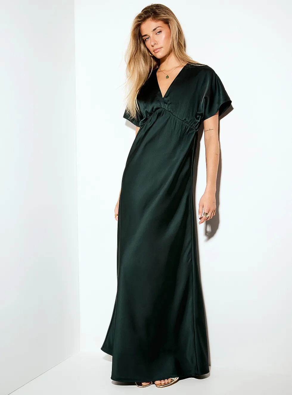 V-neck double-face satin maxi dress