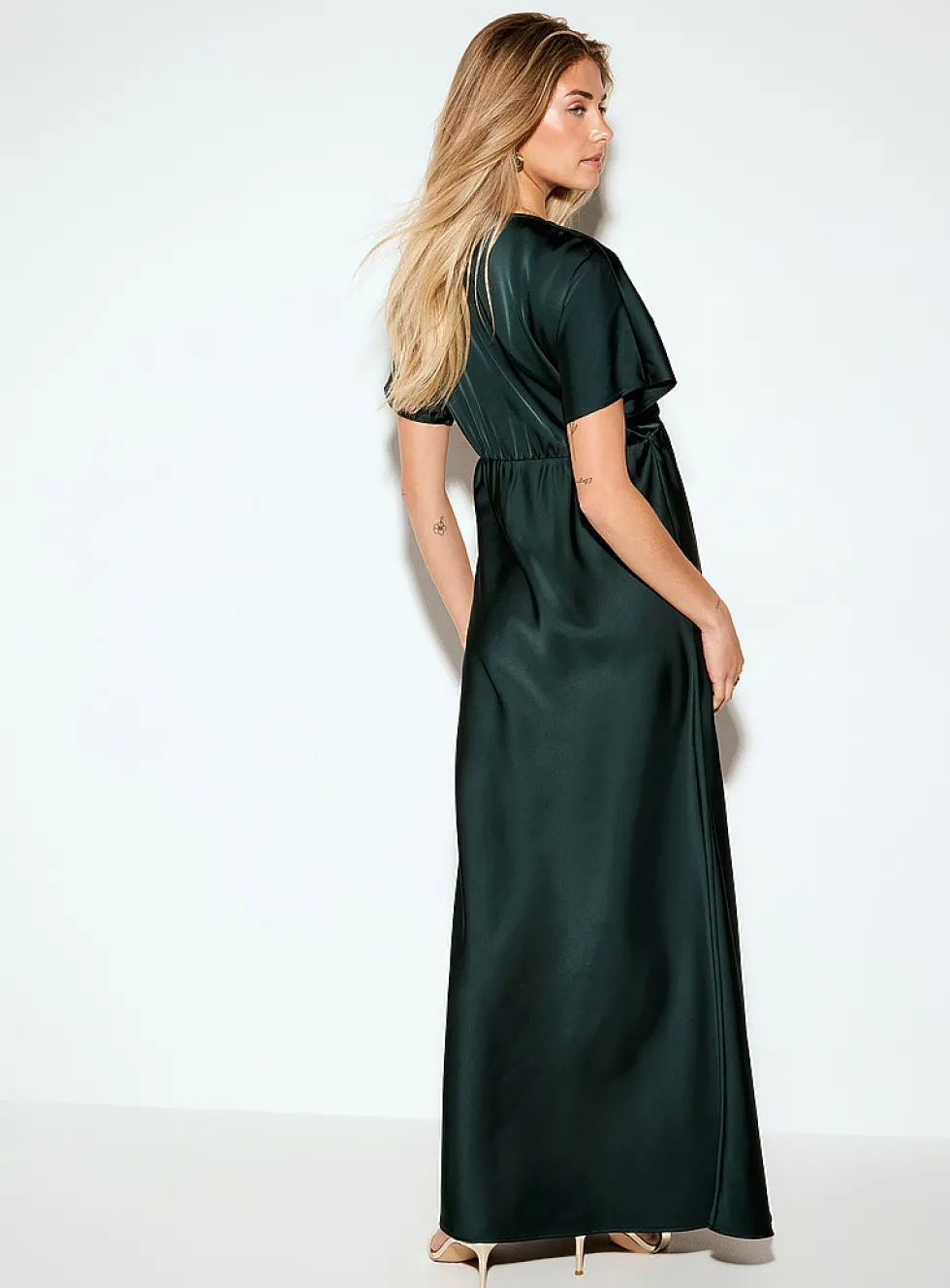V-neck double-face satin maxi dress