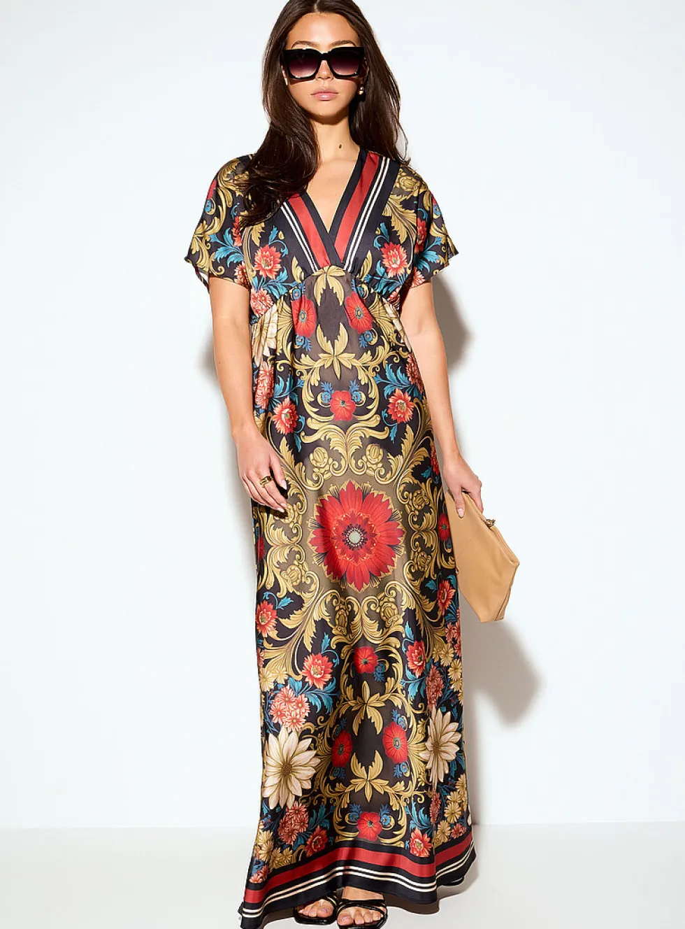 V-neck double-face satin maxi dress