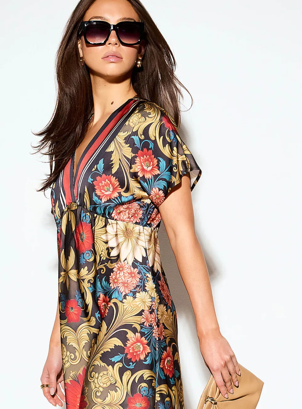 V-neck double-face satin maxi dress