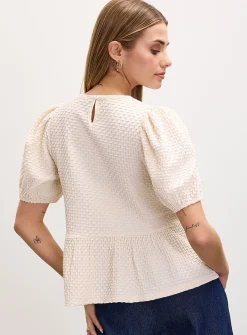 Waffle knit peplum waist T-shirt