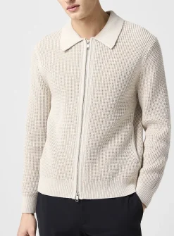 Waffle-knit polo-collar zip-up cardigan