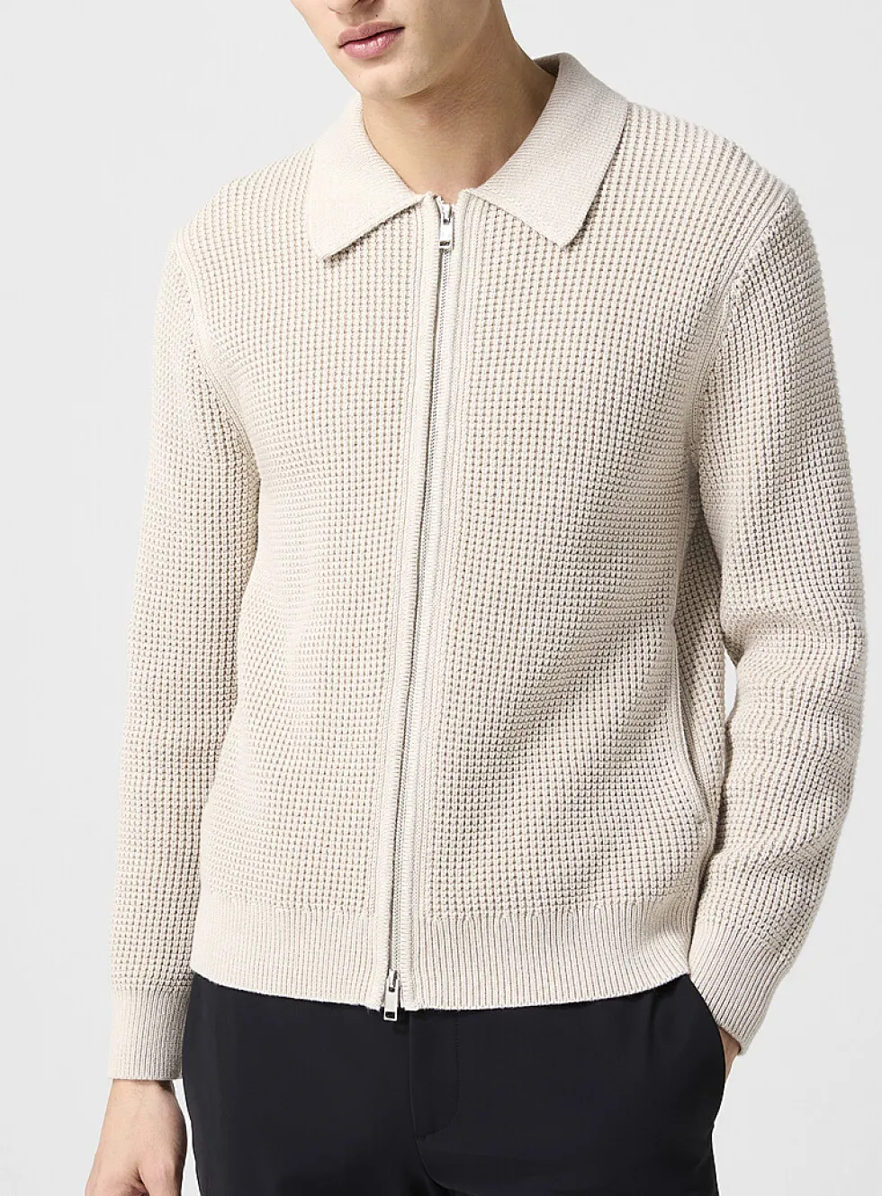 Waffle-knit polo-collar zip-up cardigan
