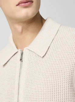 Waffle-knit polo-collar zip-up cardigan