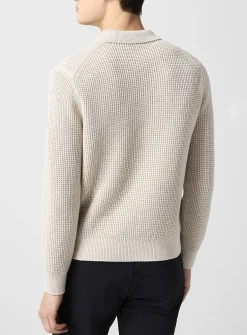 Waffle-knit polo-collar zip-up cardigan