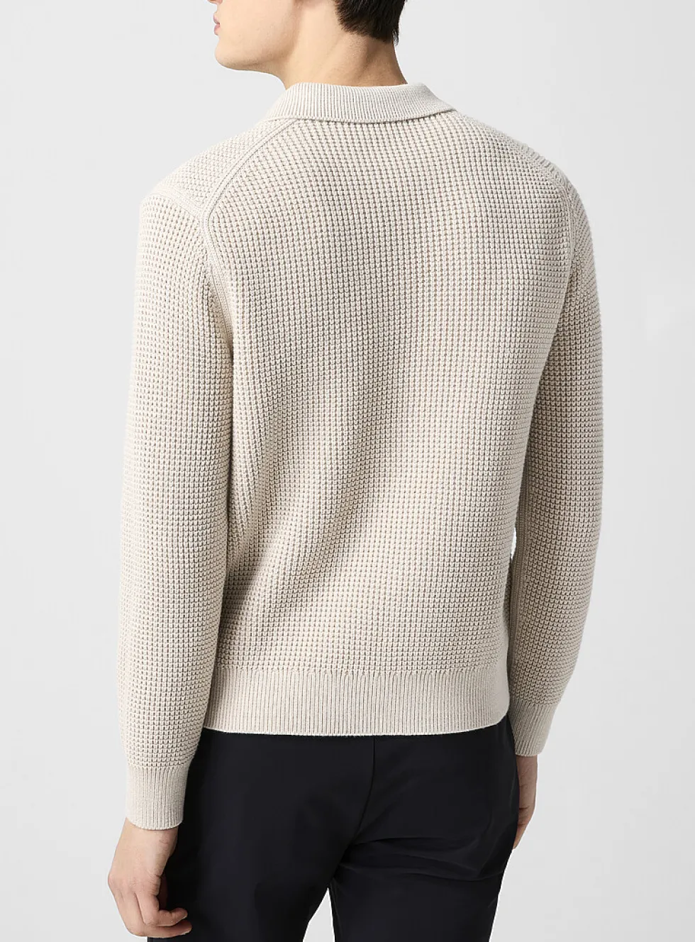 Waffle-knit polo-collar zip-up cardigan