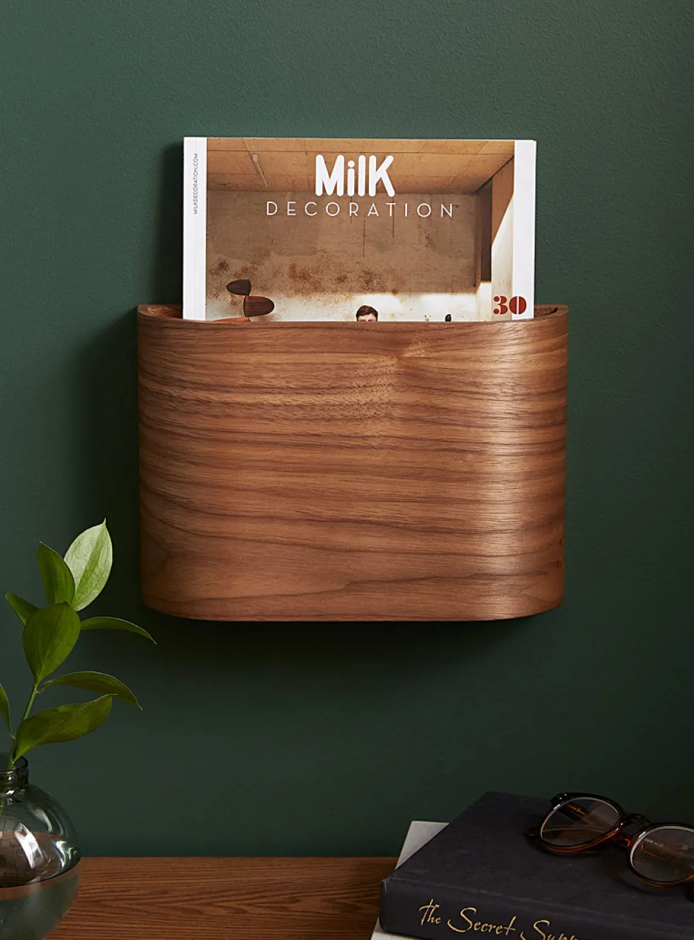 Walnut wall magazine holder