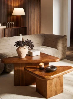 Walnut-finish triangular coffee tables