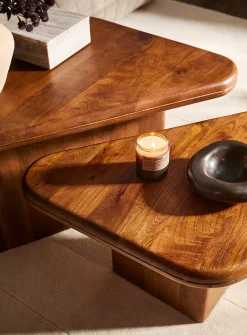 Walnut-finish triangular coffee tables