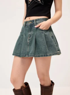 Washed denim pleated miniskirt