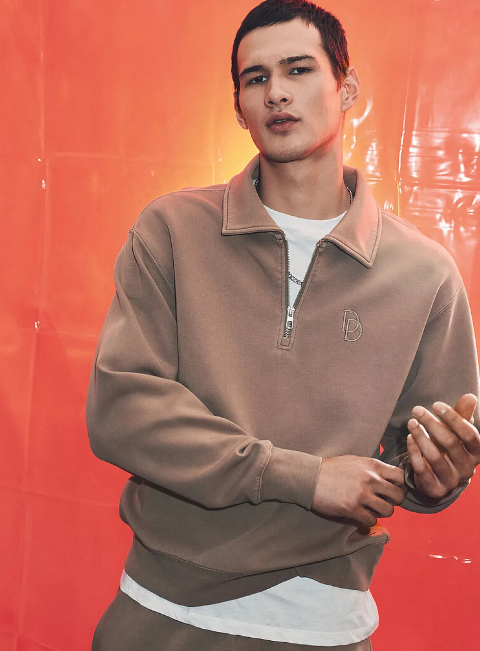 Washed double-knit jersey polo sweatshirt