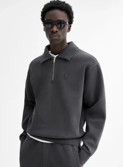 Washed double-knit jersey polo sweatshirt