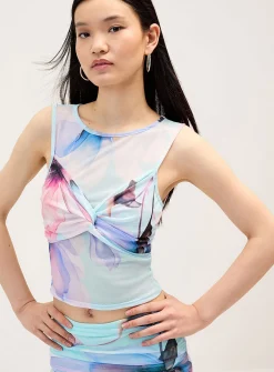 Watercolour floral mesh cropped cami