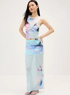 Watercolour floral mesh maxi skirt