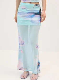 Watercolour floral mesh maxi skirt
