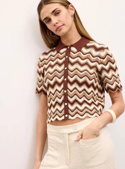 Waves and openwork polo collar cropped cardigan