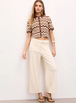 Waves and openwork polo collar cropped cardigan