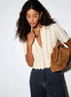 Waves and openwork polo collar cropped cardigan