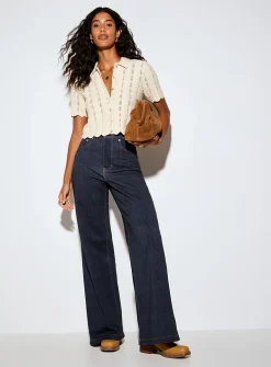 Waves and openwork polo collar cropped cardigan