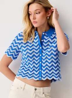 Waves and openwork polo collar cropped cardigan