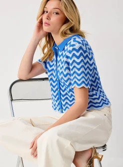 Waves and openwork polo collar cropped cardigan