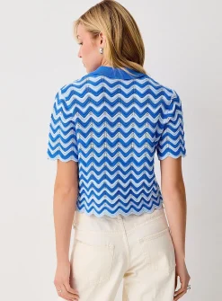 Waves and openwork polo collar cropped cardigan