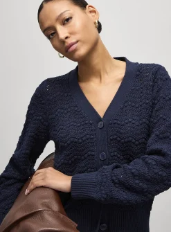 Waves and pompons textured cardigan