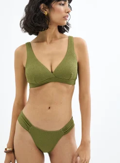 Wavy texture pleated-side bikini bottom